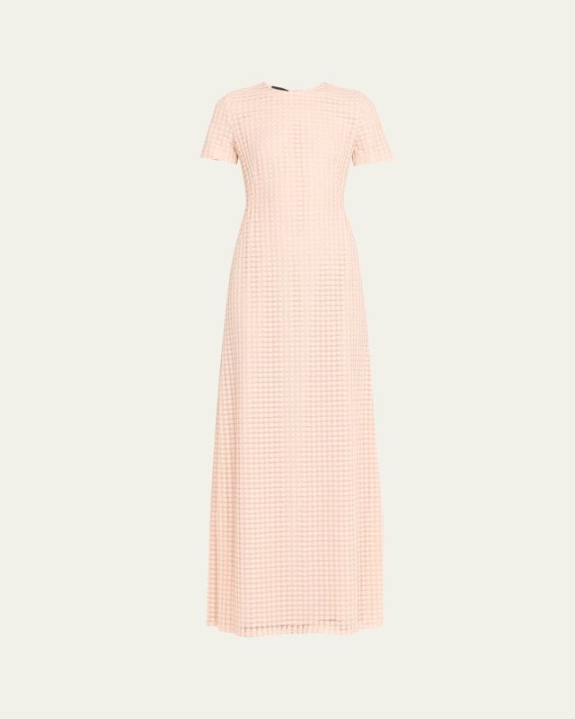 Flower Grid Embroidered Gown with Back Godet